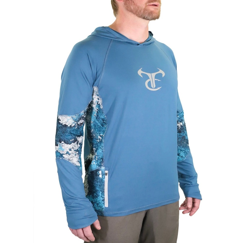 TrueTimber Mens Long Sleeve Hoodie Blue Camo Fishing Sun Protection Shirt L